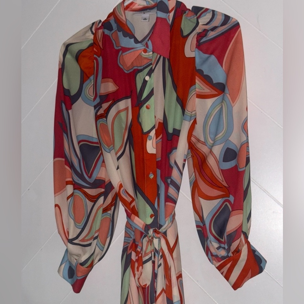 Alexis for Target Wrap Abstract Retro Dress Medium Midi coral blue summer fall - Picture 2 of 8